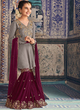 Load image into Gallery viewer, shop Grey Zari and Dori worked georgette base sharara suit
