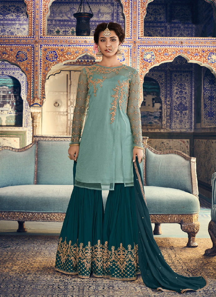 Basic blue and sea green colored Zari worked sharara suit