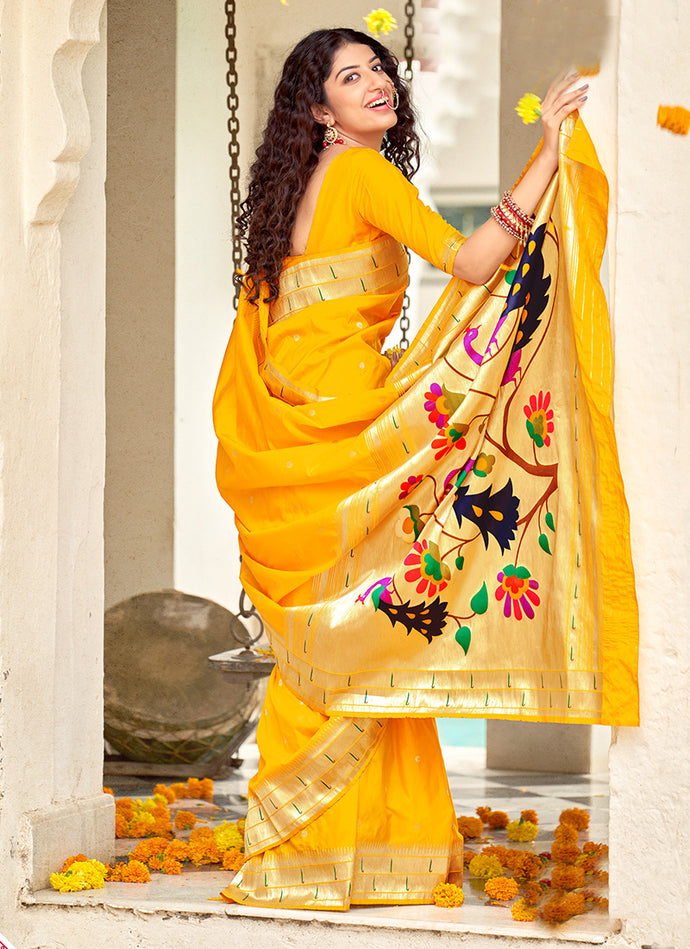 Yellow Color Banarasi Silk Material Traditional Silk Weave Saree