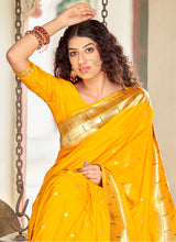 Load image into Gallery viewer, buy Yellow Color Banarasi Silk Material Traditional Silk Weave Saree
