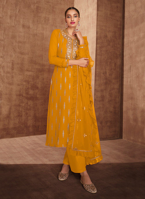 Mustard Yellow Color Georgette Fabric Sequins Work Salwar Suit