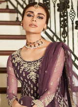 Load image into Gallery viewer, Shop marvelous Mauve colored soft net base zari work sharara suit
