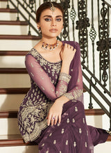 Load image into Gallery viewer, buy marvelous Mauve colored soft net base zari work sharara suit
