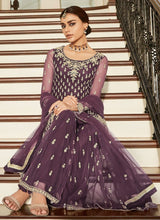 Load image into Gallery viewer, online marvelous Mauve colored soft net base zari work sharara suit
