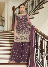 Load image into Gallery viewer, marvelous Mauve colored soft net base zari work sharara suit
