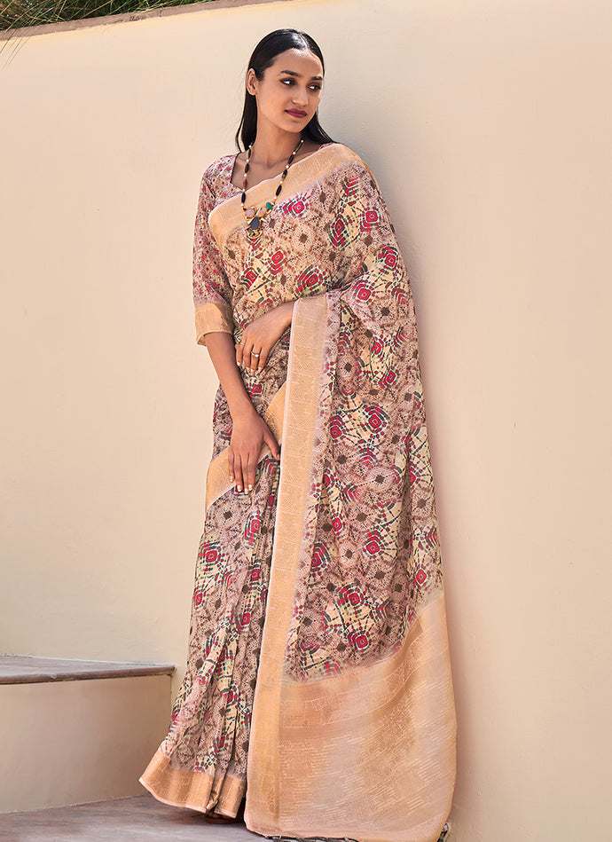 Pink Color Floral Printed Pure Linen Saree With Fancy Pattern Blouse