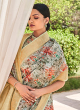 Load image into Gallery viewer, Buy online Cream Color Floral Printed Pure Linen Saree With Collar Pattern Blouse
