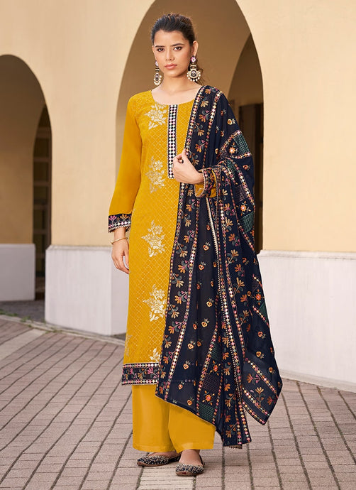 Yellow Color Georgette Material Sequins Work Pant Style Suit