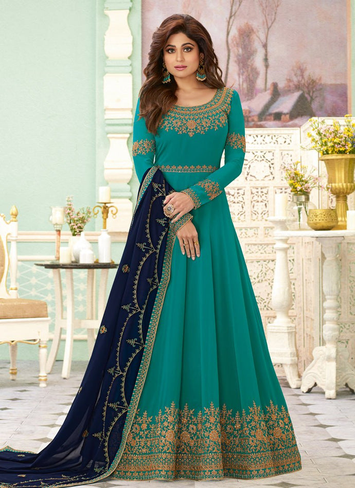 stunning Teal green georgette embroidered designer gown