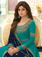 Load image into Gallery viewer, buy stunning Teal green georgette embroidered designer gown
