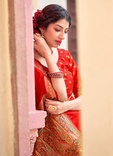 Load image into Gallery viewer, buy Red Color Banarasi Silk Material Embroidered Saree With Silk Weave
