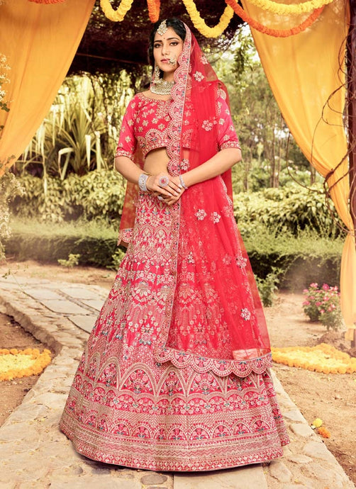 Bridalwear red crop top lehenga choli with thread and Dori work