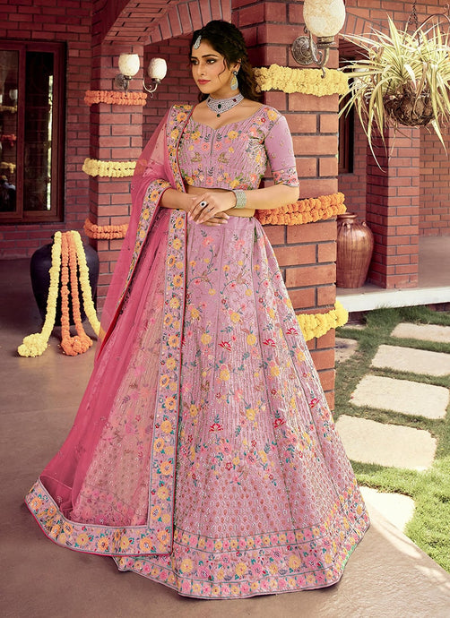 Raw Silk Material Pink Colored Sequins And Stone Work Lehenga