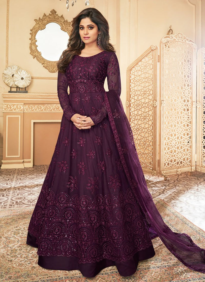 spectacular wine fully embroidered floor length anarkali