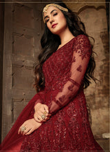 Load image into Gallery viewer, buy Magnificent maroon soft net base designer slit cut suit
