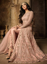 Load image into Gallery viewer, buy Aesthetic baby pink embroidered soft net slit cut suit
