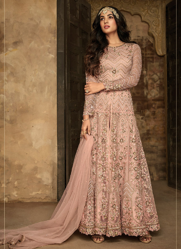 Aesthetic baby pink embroidered soft net slit cut suit