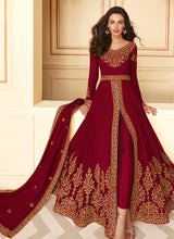 Load image into Gallery viewer, attractive maroon fully embroidered slit cut suit
