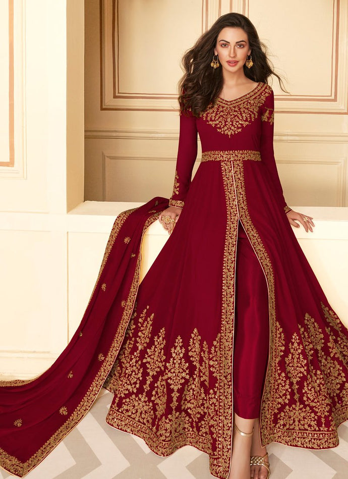 attractive maroon fully embroidered slit cut suit