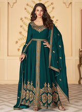 Load image into Gallery viewer, teal green dashing partywear fully embroidered designer slit cut suit
