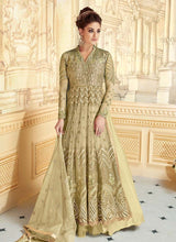 Load image into Gallery viewer, pretty green color soft net base dori and zari work slit cut gown
