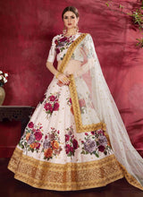 Load image into Gallery viewer, wonderful off-white colored printed silk base embroidered lehenga choli
