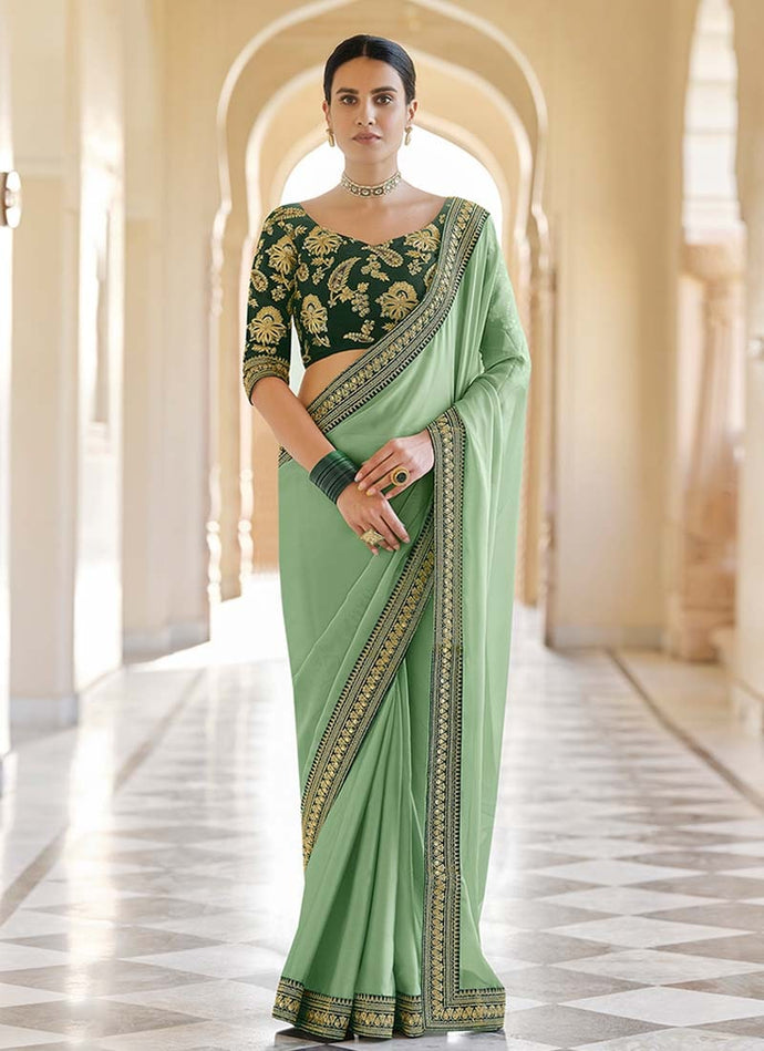 Green Color Organza Fabric Dori And Sequins Work Designer Saree