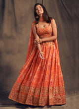Load image into Gallery viewer, Orange Color Sequins Work Organza Fabric Printed Lehenga Choli
