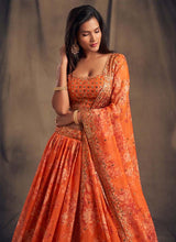 Load image into Gallery viewer, buy Orange Color Sequins Work Organza Fabric Printed Lehenga Choli
