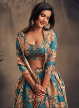 Load image into Gallery viewer, buy Teal Blue Color Printed And Sequins Work Organza Base Lehenga
