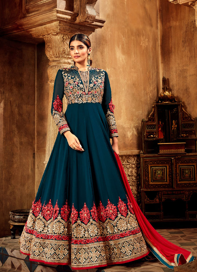 Attractive Zari base teal blue colored heavy work flared anarkali suit
