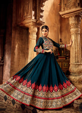 Load image into Gallery viewer, buy Attractive Zari base teal blue colored heavy work flared anarkali suit
