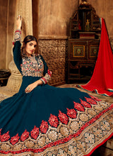 Load image into Gallery viewer, shop Attractive Zari base teal blue colored heavy work flared anarkali suit
