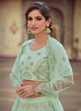Load image into Gallery viewer, Shop Sequins And Resham Work Soft Net Material Green Color Lehenga
