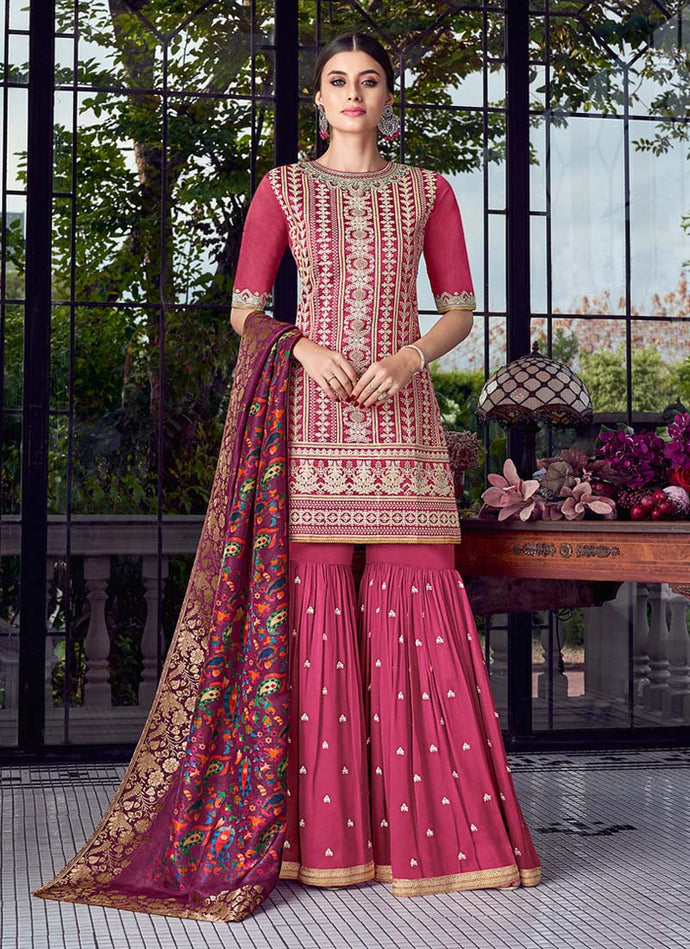 Beauteous Hot pink color Silk base Sharara salwar suit with Lucknowi work