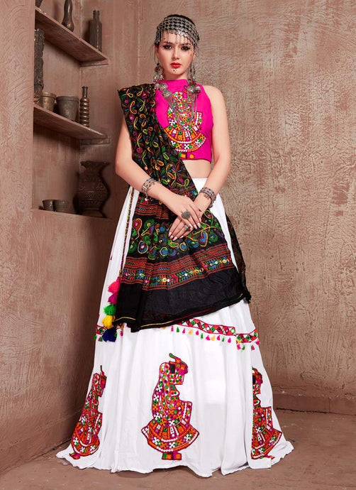 White and Pink color Cotton fabric Resham and Mirror work Lehenga Choli