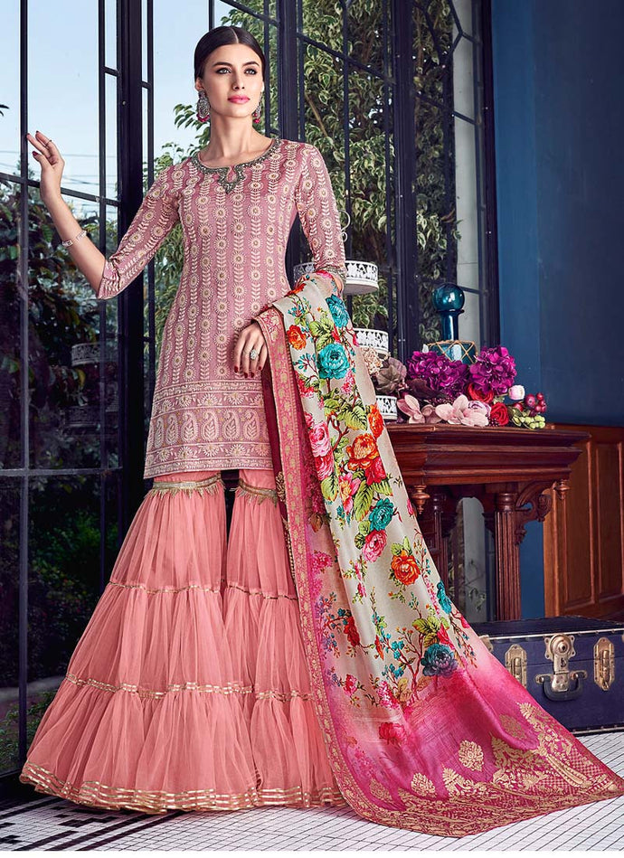 Bewitching Silk base Blush Pink color Lucknowi work Sharara suit