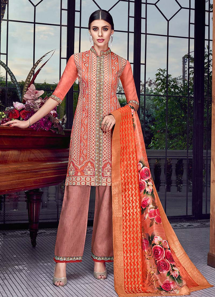 Fascinating Coral orange color Silk base Lucknowi work Pant style suit