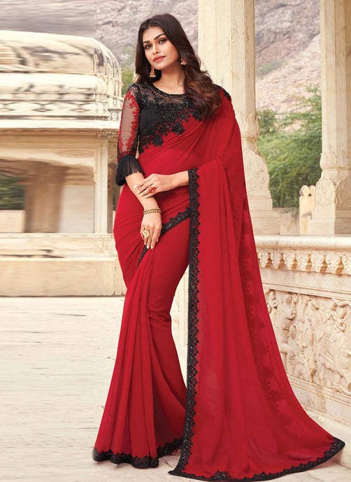 Beautiful Red color Georgette fabric Saree with Sequins work