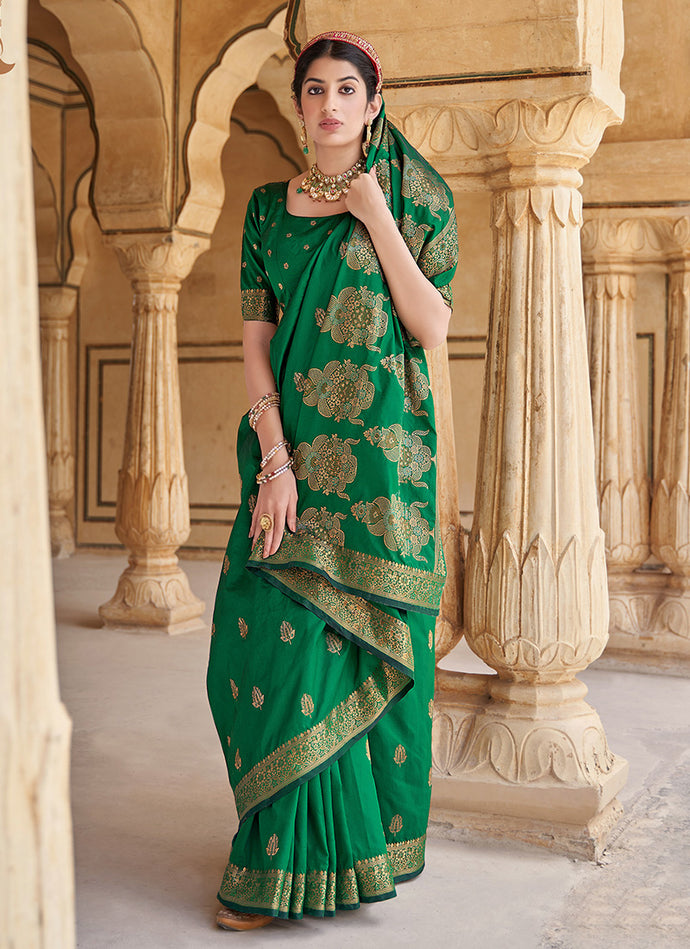Green Colored Banarasi Silk Material Silk Weave Work Saree