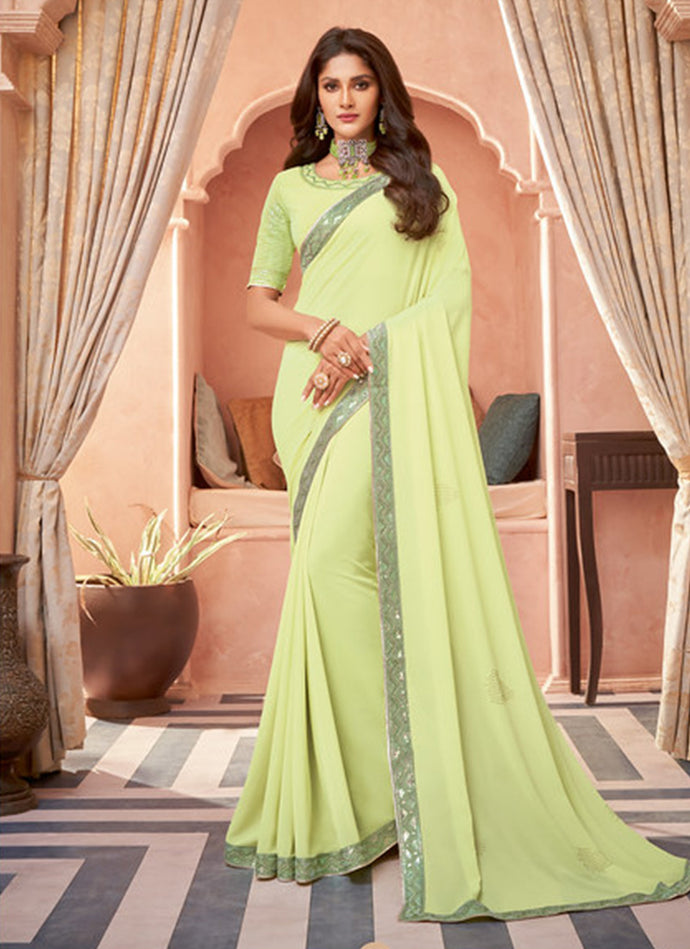 Light Green Color Georgette Fabric Sequins Embroidered Saree