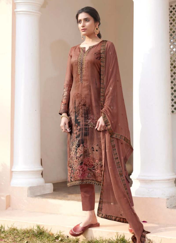 exceptional partywear brown colored printed pant style suit