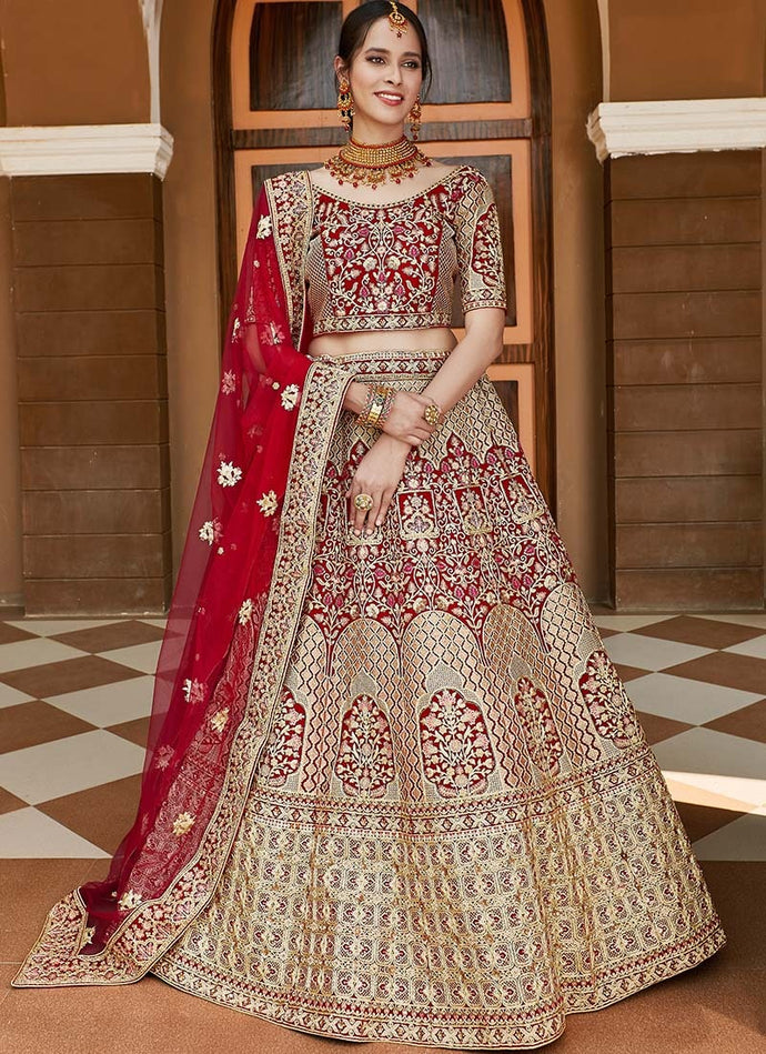 Dori Work Velvet Fabric Red Color Bridal Lehenga With Net Dupatta