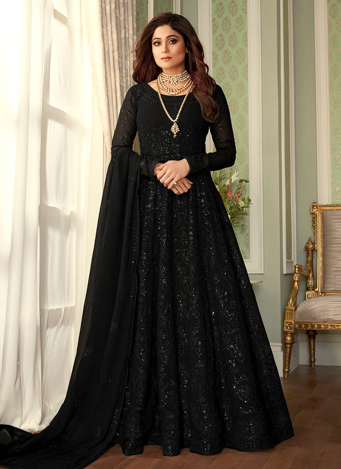 brilliant black colored heavy work georgette base gown