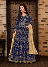 Load image into Gallery viewer, Dashing Blue Color art silk base dori zari work Anarkali suit with net dupatta
