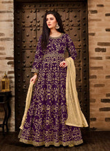 Load image into Gallery viewer, Dashing Purple Color art silk base dori zari work Anarkali suit with net dupatta
