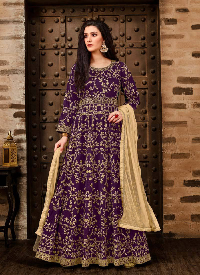 Dashing Purple Color art silk base dori zari work Anarkali suit with net dupatta