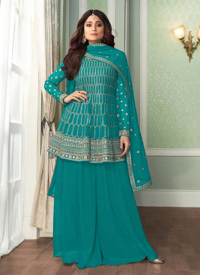 Bewitching Dark Turquoise color Georgette base Palazzo salwar suit
