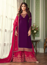 Load image into Gallery viewer, buy Charming Purple color Georgette base Sharara salwar suit with pink dupatta
