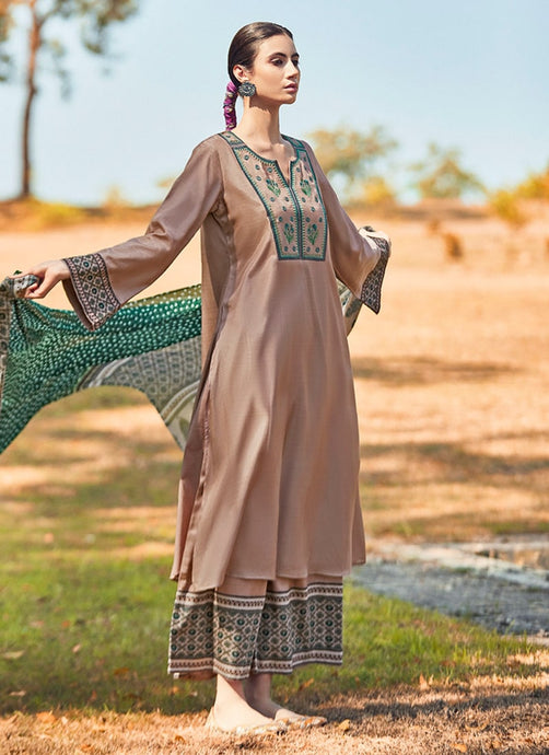 Angel sleeved light brown colored thread work palazzo suit